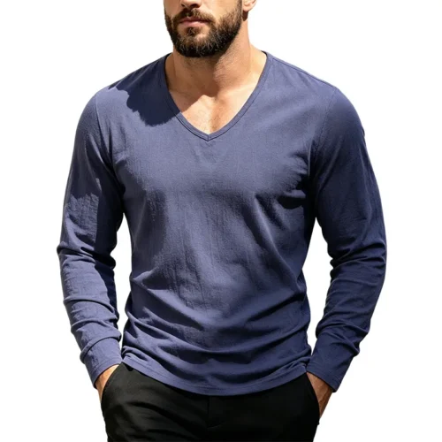 Men's Linen-Blend V-Neck Long Sleeve Top